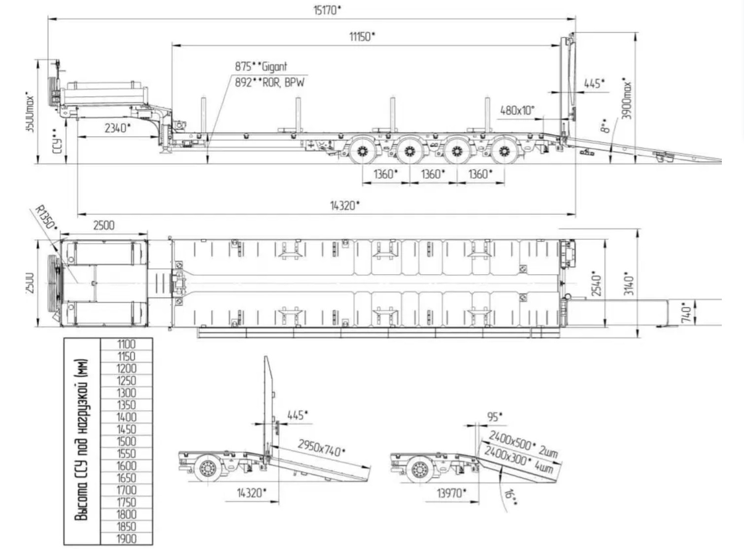 4-axle 80-ton lowbed semitrailer drawing